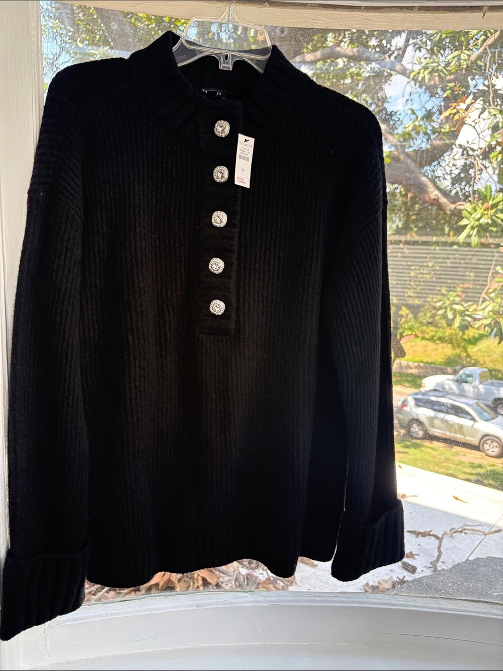 Talbots Black Ribbed Button-Placket Sweater-Size Medium-NWTO